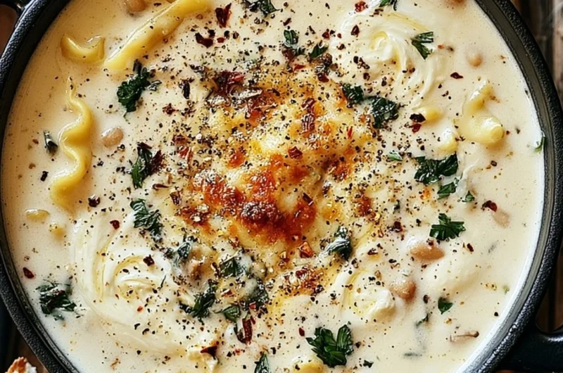 Bowl of creamy white lasagna soup topped with cheese and fresh herbs