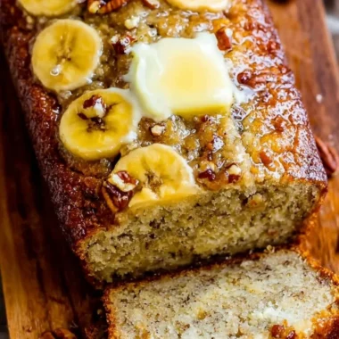Slice of moist banana bread on a wooden cutting board with bananas