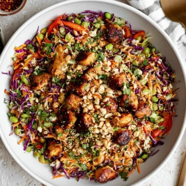 Asian Chicken Crunch Salad with fresh vegetables and crunchy toppings