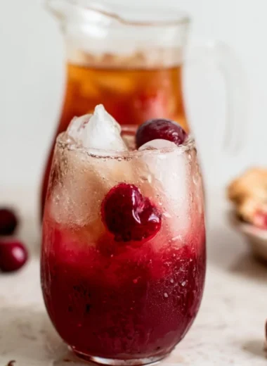 A refreshing glass of cherry pie inspired iced tea with cherries and mint leaves.
