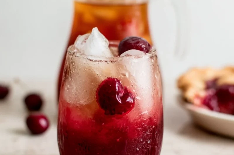A refreshing glass of cherry pie inspired iced tea with cherries and mint leaves.