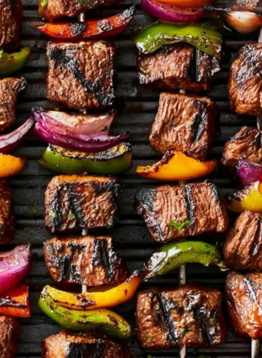 Deliciously grilled beef shish kabob with colorful vegetables on skewers.