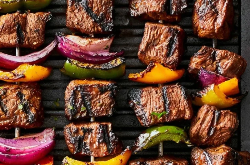 Deliciously grilled beef shish kabob with colorful vegetables on skewers.