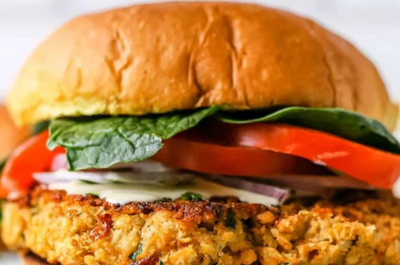 Cozy chickpea cauliflower burger served on a plate with fresh toppings