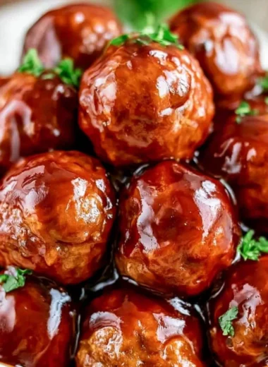 Honey BBQ Crockpot Meatballs served in a bowl with a spoon
