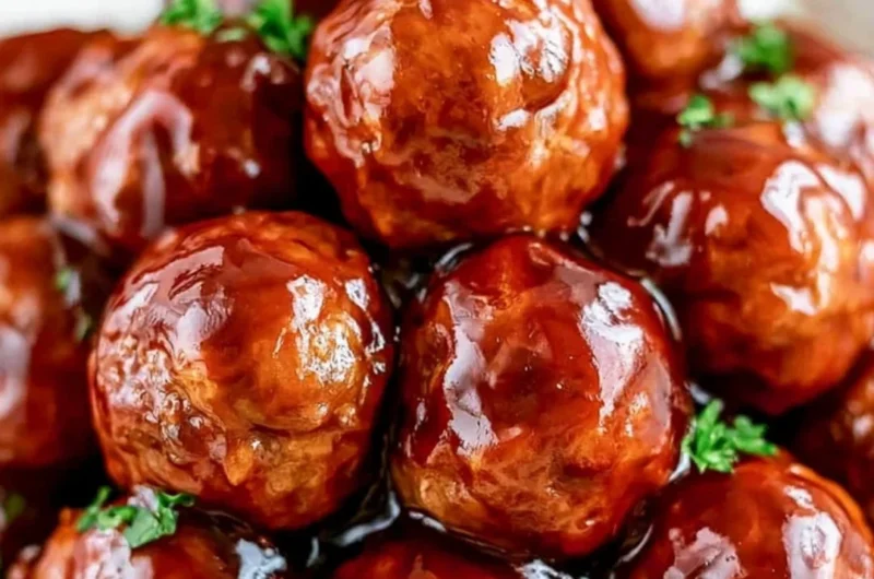 Honey BBQ Crockpot Meatballs served in a bowl with a spoon