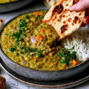 Delicious bowl of cozy Indian green lentil stew garnished with herbs.