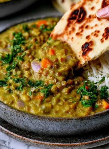Delicious bowl of cozy Indian green lentil stew garnished with herbs.