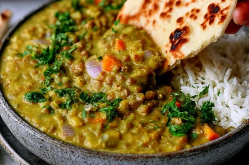 Delicious bowl of cozy Indian green lentil stew garnished with herbs.