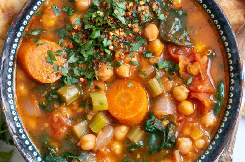 Bowl of cozy Mediterranean soup with fresh vegetables and herbs