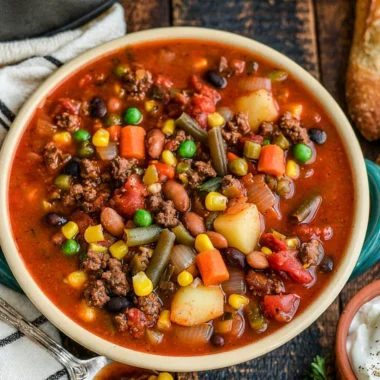 A bowl of hearty Crockpot Cowboy Soup with beans and vegetables