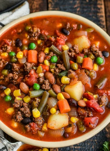A bowl of hearty Crockpot Cowboy Soup with beans and vegetables