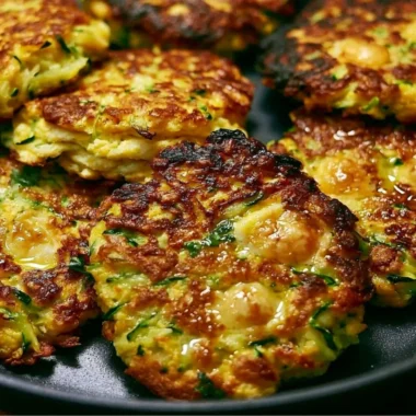 Deliciously crispy zucchini fritters served on a plate with dipping sauce.
