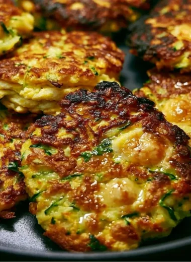 Deliciously crispy zucchini fritters served on a plate with dipping sauce.