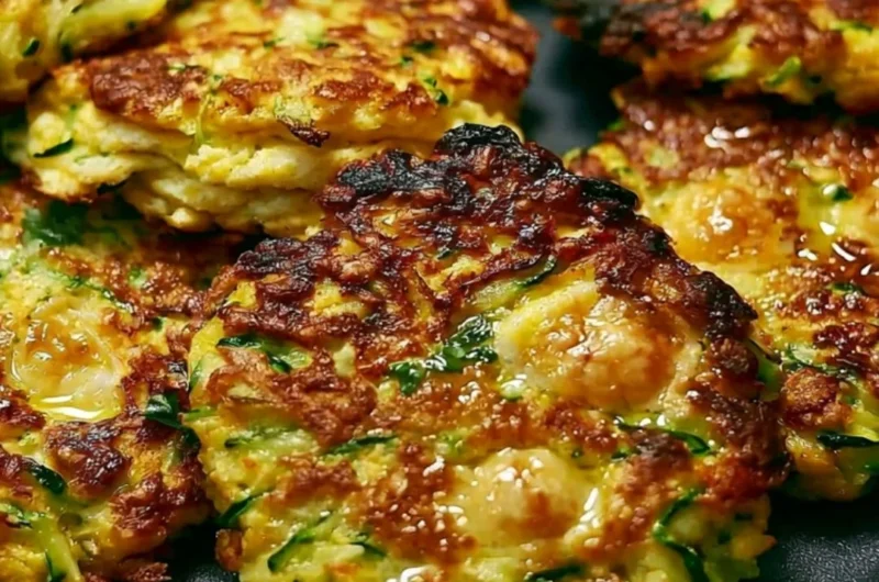 Deliciously crispy zucchini fritters served on a plate with dipping sauce.