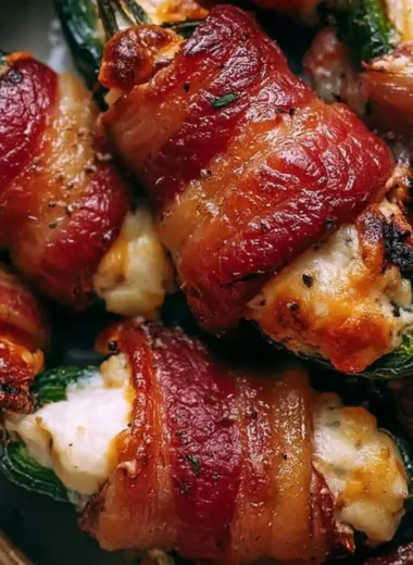 Delicious creamy bacon wrapped jalapeno poppers on a plate