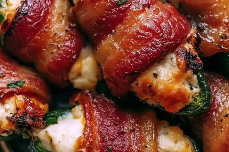 Delicious creamy bacon wrapped jalapeno poppers on a plate