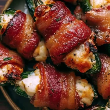 Delicious creamy bacon wrapped jalapeno poppers on a plate
