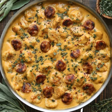 Creamy butternut squash gnocchi with sausage, thyme, and sage in a bowl