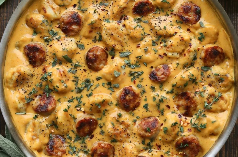 Creamy butternut squash gnocchi with sausage, thyme, and sage in a bowl
