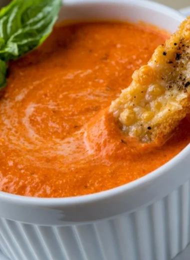 Bowl of creamy tomato soup with Saltine crackers on the side.