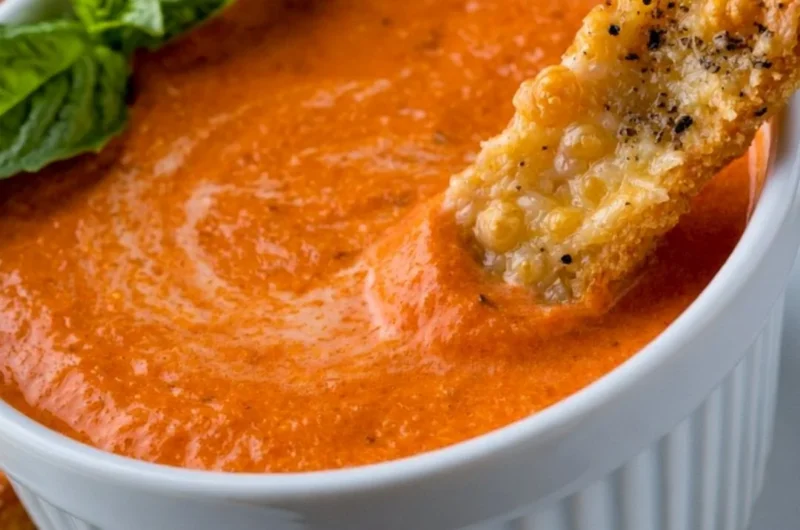 Bowl of creamy tomato soup with Saltine crackers on the side.