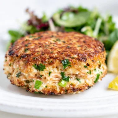 Delicious easy low carb salmon patties served on a plate with fresh herbs