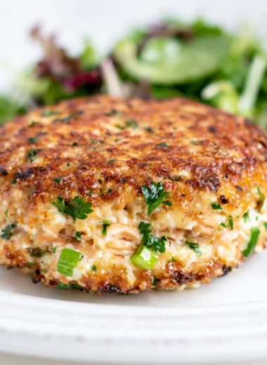 Delicious easy low carb salmon patties served on a plate with fresh herbs