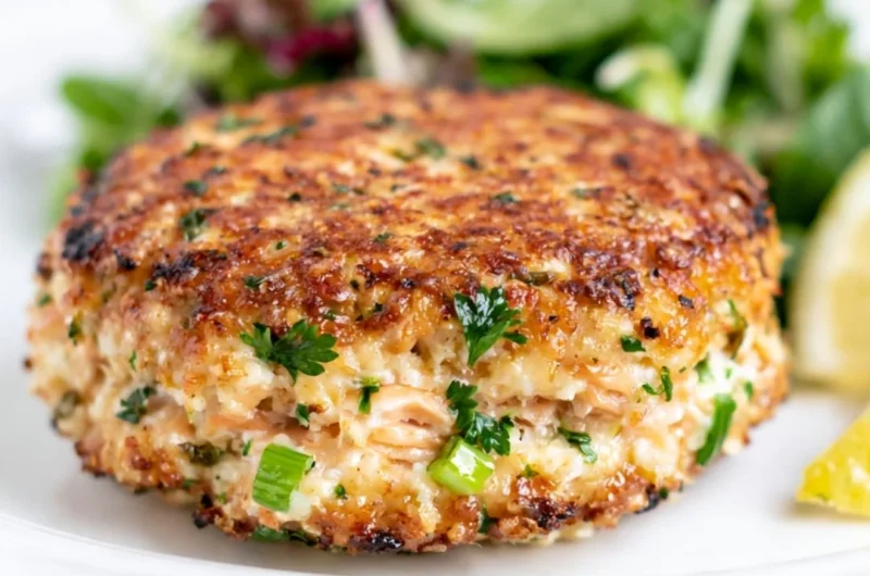 Delicious easy low carb salmon patties served on a plate with fresh herbs