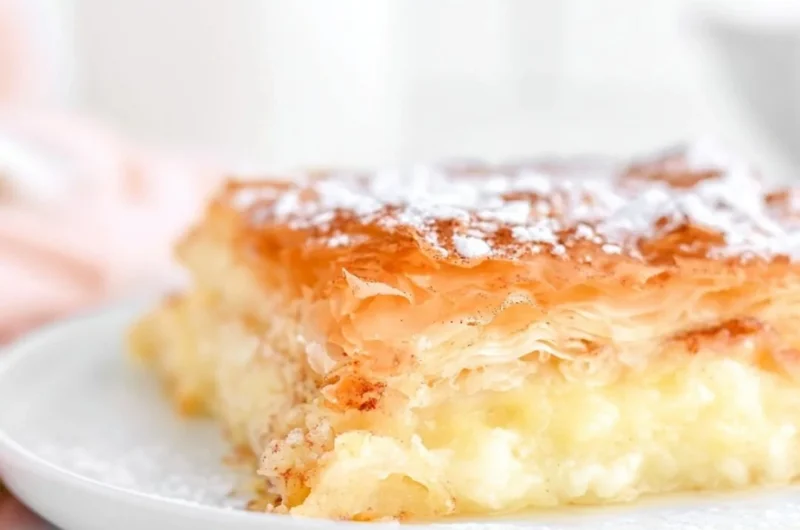 Freshly baked Greek Bougatsa custard pastry served on a plate.
