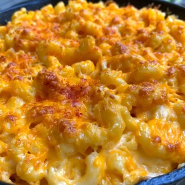 Delicious homemade Traeger smoked mac and cheese topped with breadcrumbs