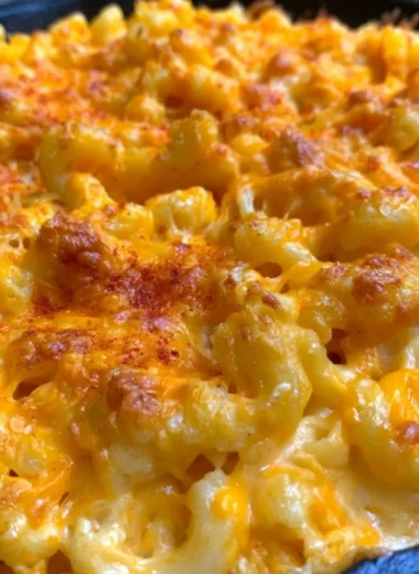 Delicious homemade Traeger smoked mac and cheese topped with breadcrumbs