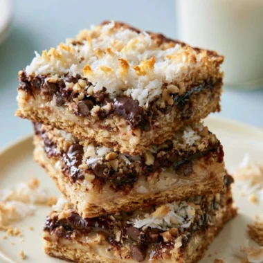 Delicious Magic Cookie Bars topped with chocolate, coconut, and nuts.