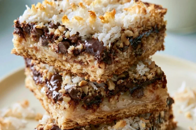 Delicious Magic Cookie Bars topped with chocolate, coconut, and nuts.