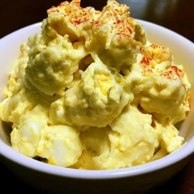 Bowl of old fashioned potato salad with eggs and herbs.