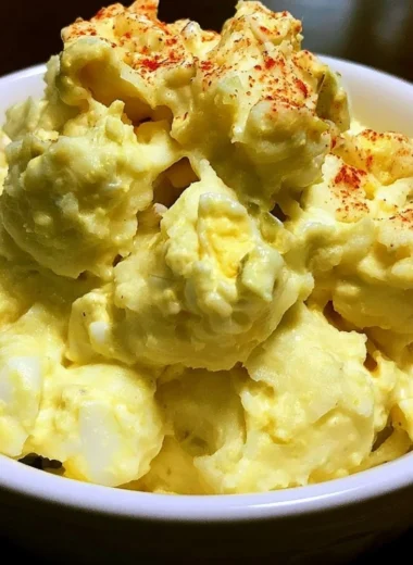Bowl of old fashioned potato salad with eggs and herbs.