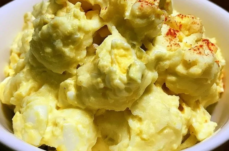 Bowl of old fashioned potato salad with eggs and herbs.