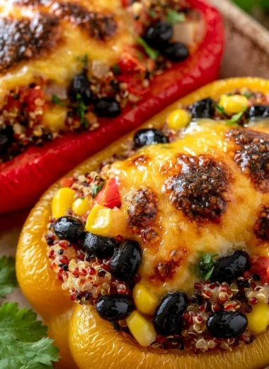 Colorful quinoa and black bean stuffed bell peppers ready to serve.
