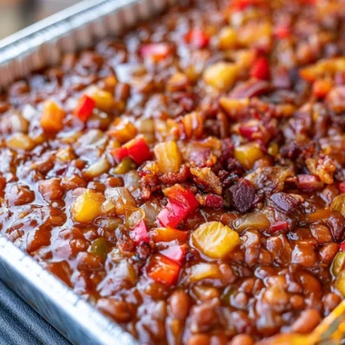 Delicious smoked BBQ beans served in a bowl, perfect for barbecues.