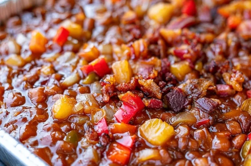 Delicious smoked BBQ beans served in a bowl, perfect for barbecues.