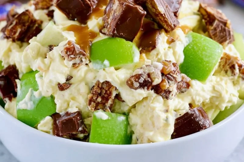 Delicious Snickers Apple Salad with apples, caramel, and whipped cream in a bowl.