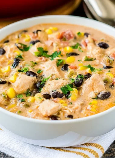 Bowl of Southwest Creamy White Chicken Chili garnished with cilantro and lime