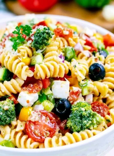 Delicious Italian pasta salad with fresh vegetables and dressing