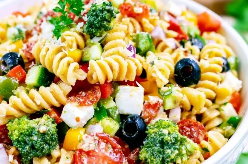 Delicious Italian pasta salad with fresh vegetables and dressing
