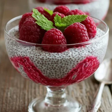 Delicious Vanilla Raspberry Chia Pudding topped with fresh raspberries.