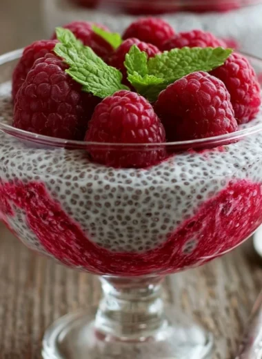 Delicious Vanilla Raspberry Chia Pudding topped with fresh raspberries.