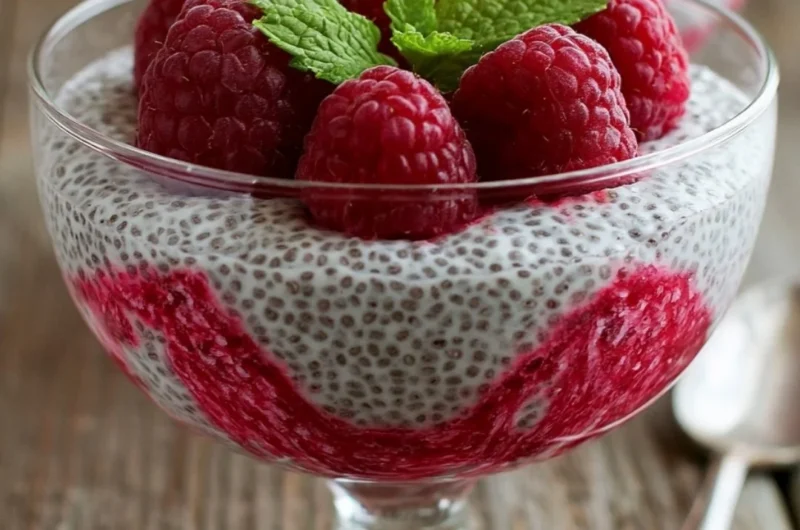 Delicious Vanilla Raspberry Chia Pudding topped with fresh raspberries.