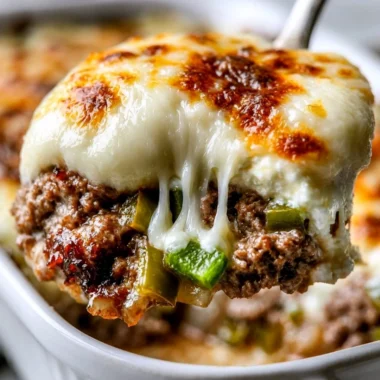 Delicious low carb Philly cheesesteak casserole topped with melted cheese