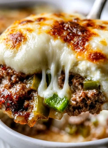 Delicious low carb Philly cheesesteak casserole topped with melted cheese