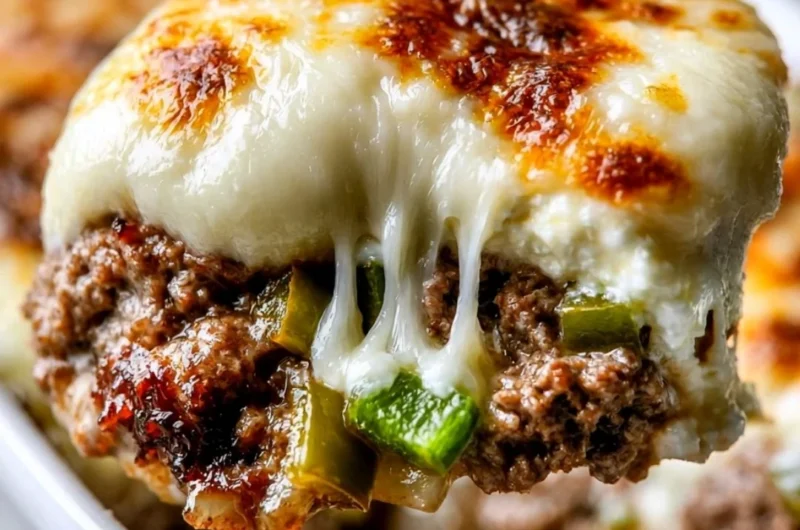 Delicious low carb Philly cheesesteak casserole topped with melted cheese